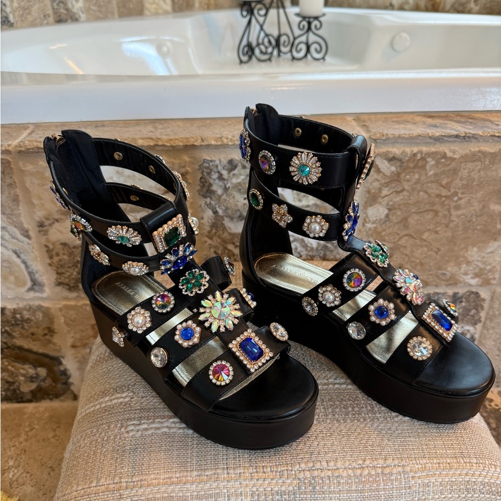 NWOT Elegant Black Platform Sandals with Jewel Accents